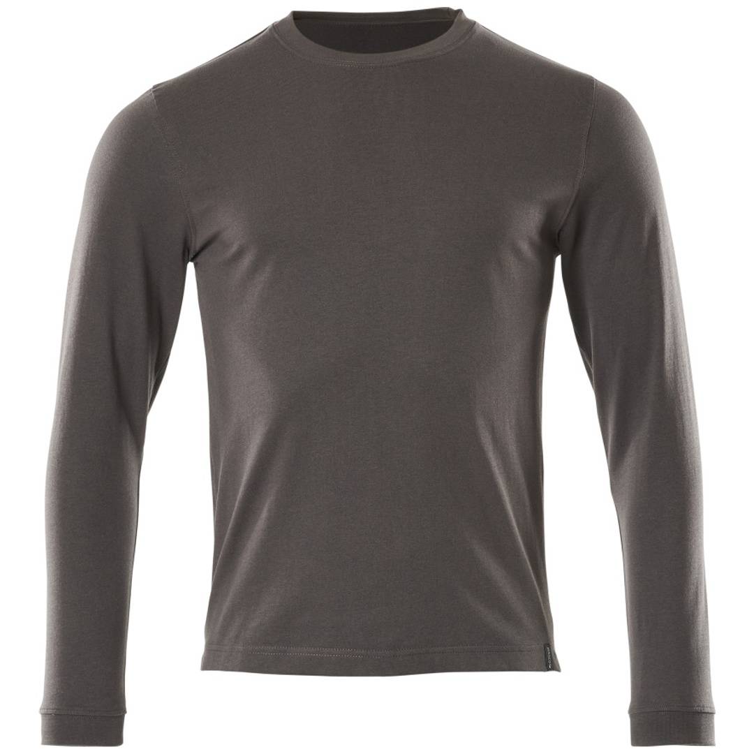 Dunkelgraues Langarm-Crewneck-Shirt in Vorderansicht auf einfachem weißem Hintergrund.
