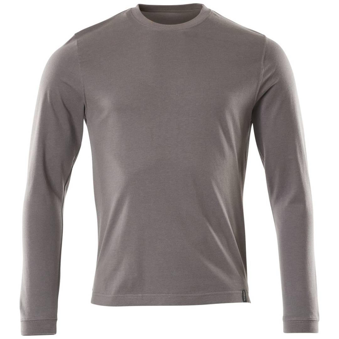 Graues Langarm-Crewneck-Shirt, Vorderansicht auf einfachem weißem Hintergrund gezeigt.