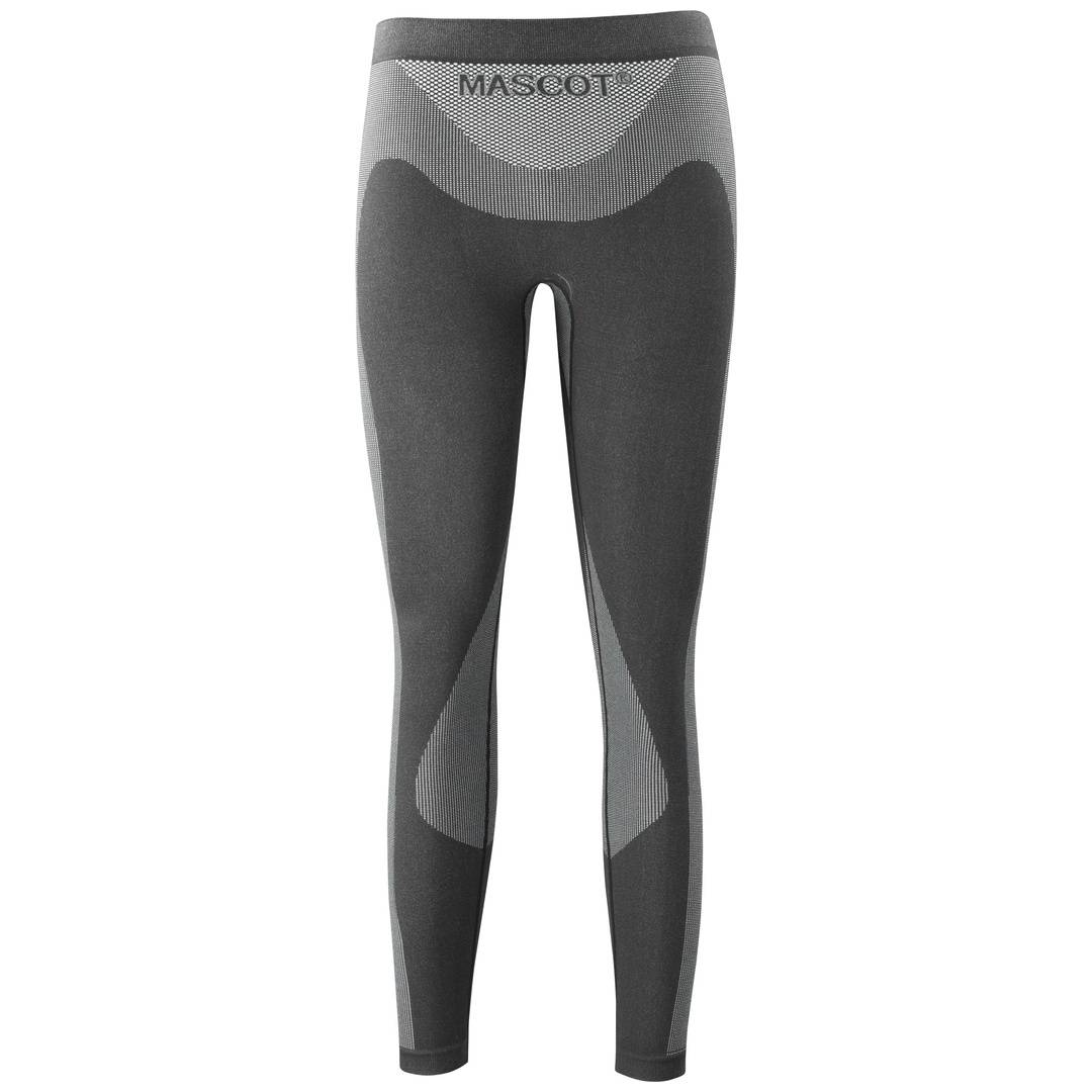 Vorderansicht von dunkelgrauen Mascot-Sportleggings mit kontrastierenden helleren Paneelen und einem hohen Bund auf weißem Hintergrund.