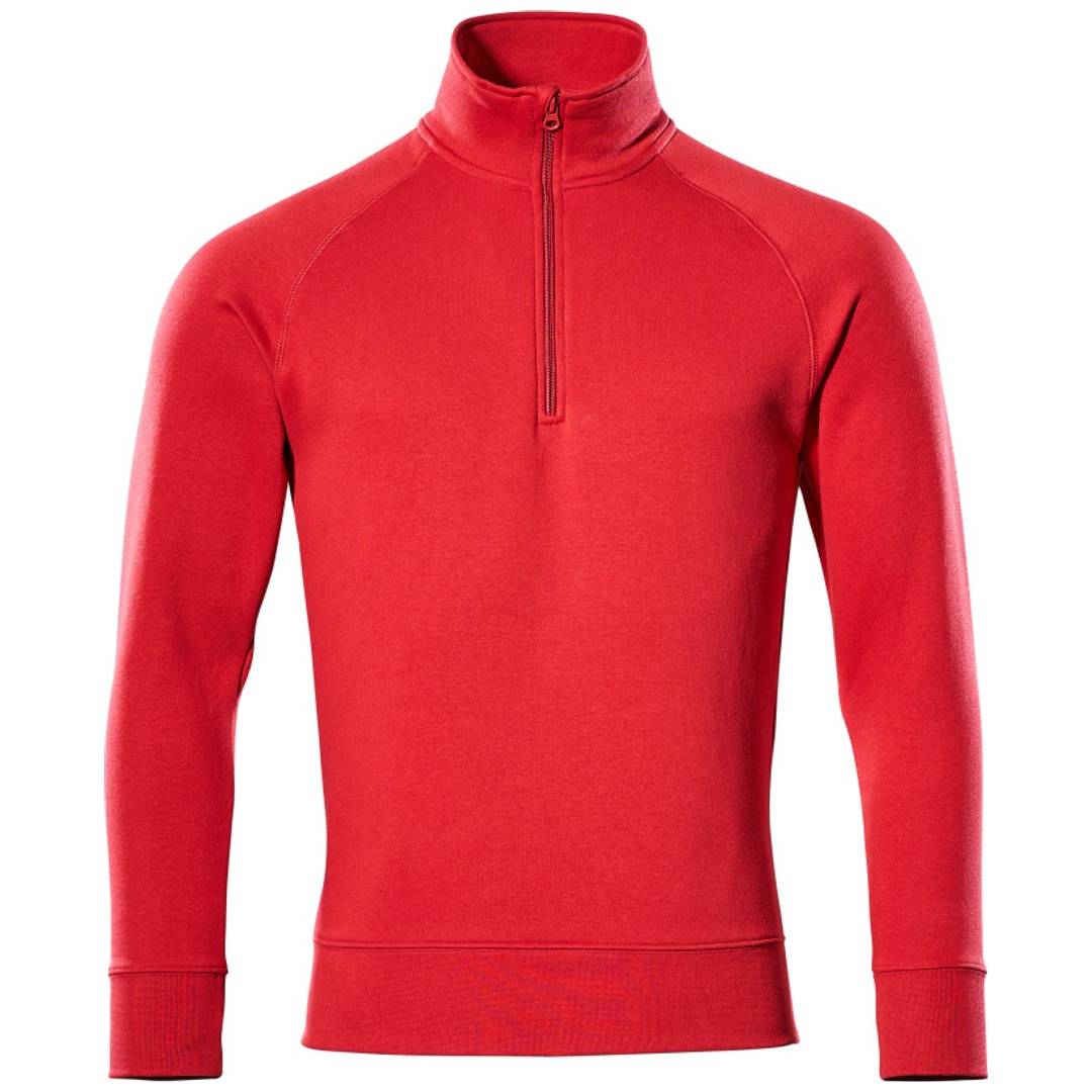 Roter Pullover mit langen Ärmeln und Viertel-Reißverschluss mit hohem Kragen, Vorderansicht auf neutralem Hintergrund.