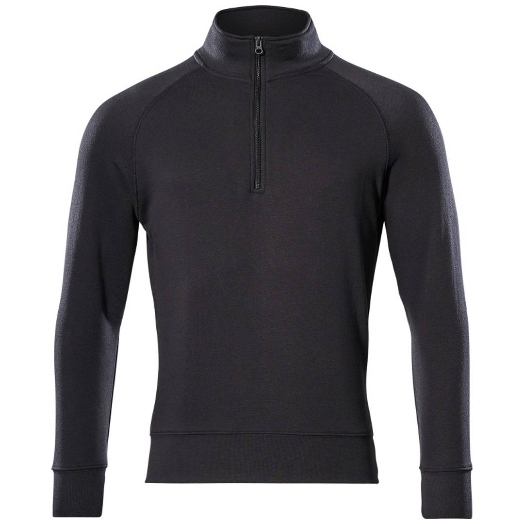 Schwarzes Langarm-Viertel-Reißverschluss-Pullover-Shirt in Vorderansicht auf weißem Hintergrund.