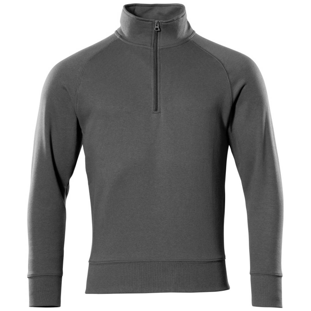 Grauer Pullover mit langen Ärmeln, hohem Kragen und kurzem Reißverschluss vorne, gezeigt vor einem einfachen weißen Hintergrund.