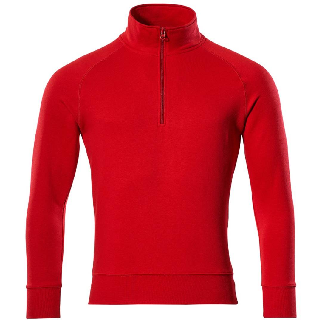 Roter Langarm-Pullover mit Viertel-Reißverschluss auf weißem Hintergrund.
