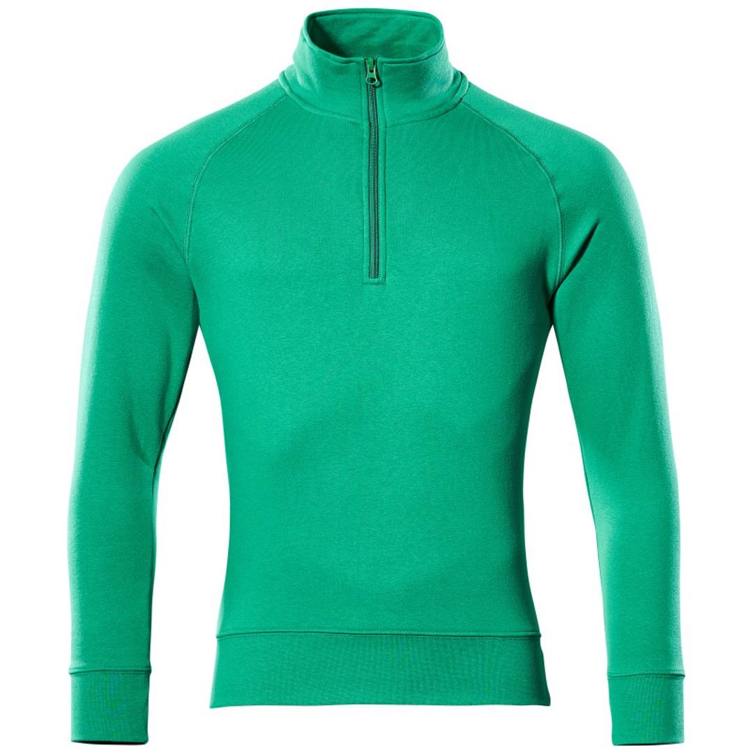 Leuchtend grüner Pullover mit langen Ärmeln und Viertel-Reißverschluss mit hohem Kragen, Vorderansicht auf einfachem weißem Hintergrund.
