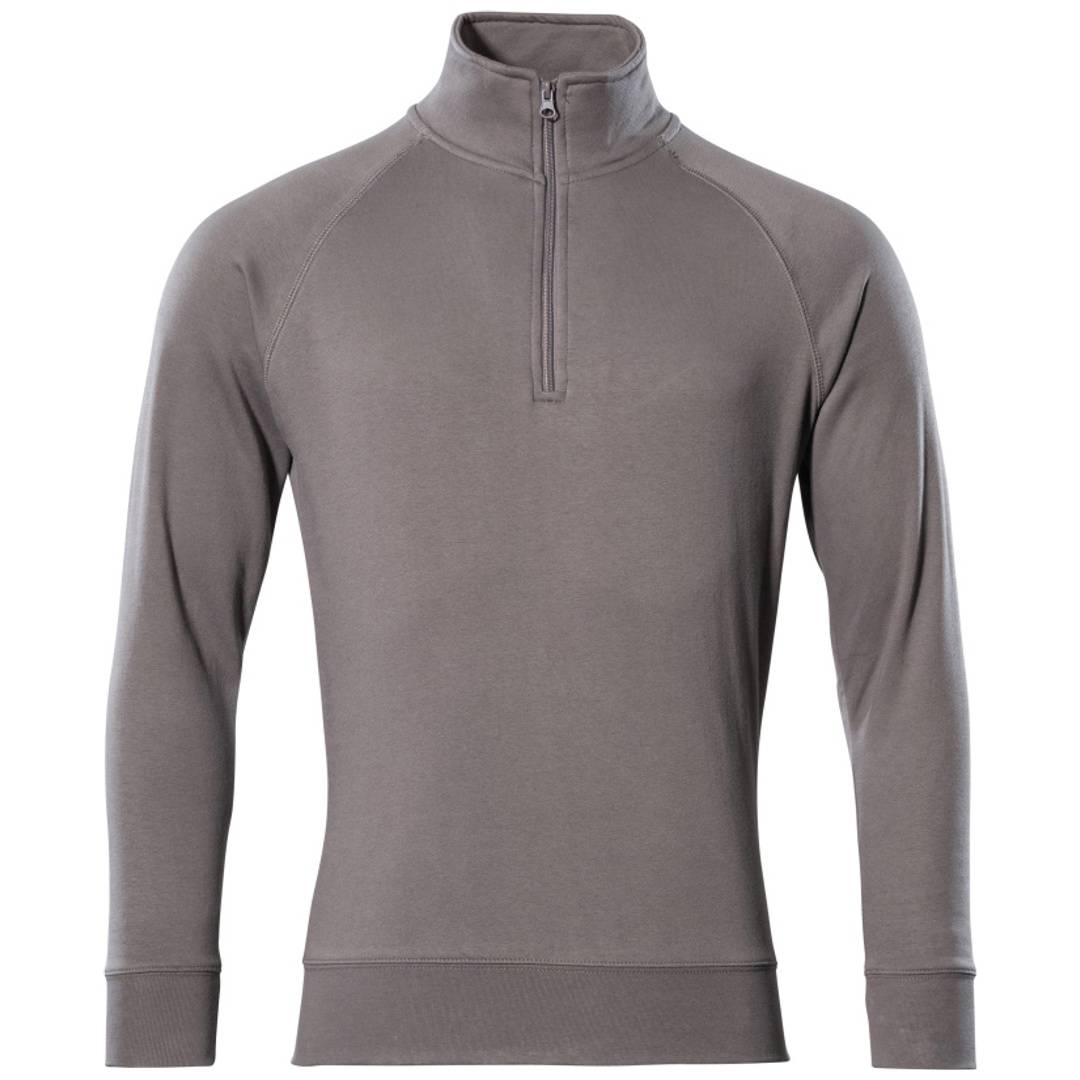 Grauer Pullover mit langen Ärmeln und Viertel-Reißverschluss, von vorne gezeigt auf einem einfachen weißen Hintergrund.