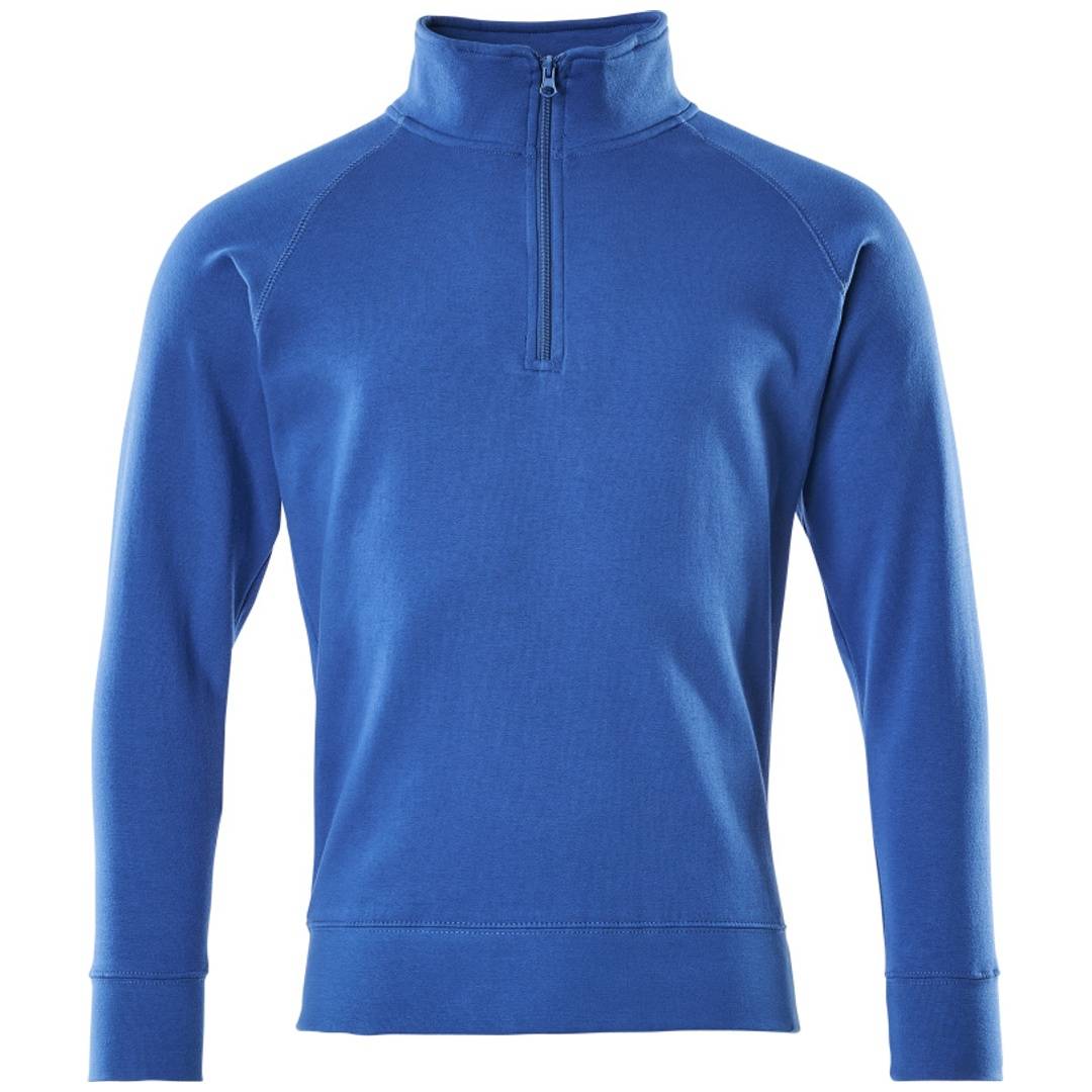 Blauer Langarm-Pullover mit Viertel-Reißverschluss, frontal auf weißem Hintergrund präsentiert.
