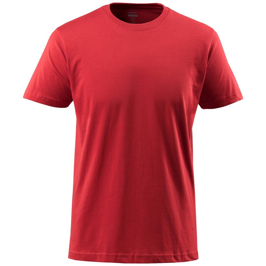 Rotes Kurzarm-Rundhals-T-Shirt auf einfarbig weißem Hintergrund.
