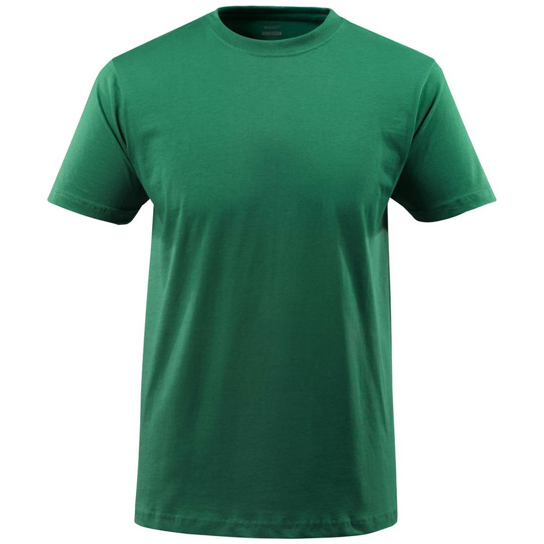 Einfaches grünes Kurzarm-T-Shirt mit Rundhalsausschnitt auf weißem Hintergrund.