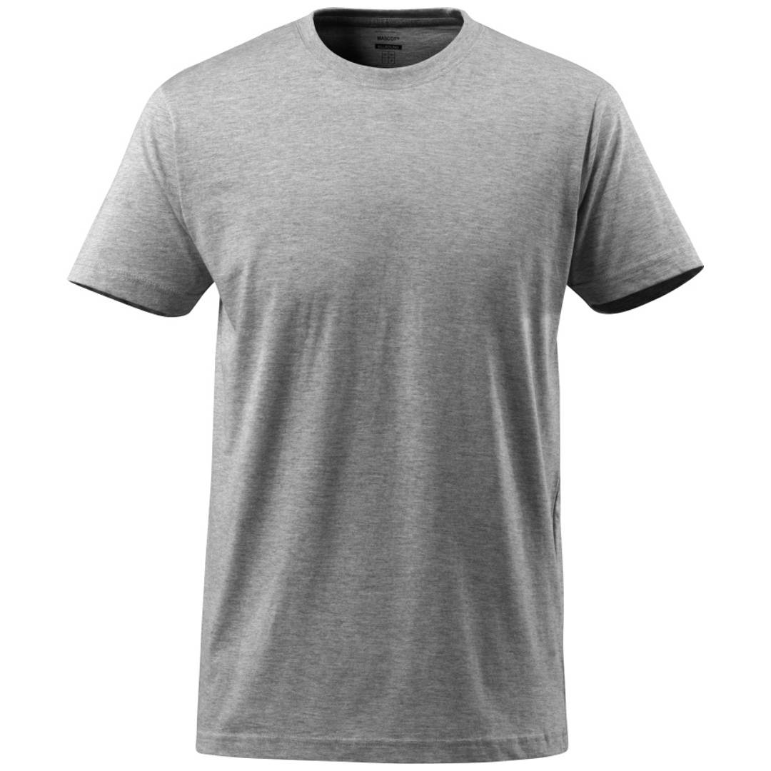 Einfaches Heather-Grau Kurzarm-Rundhals-T-Shirt auf weißem Hintergrund.