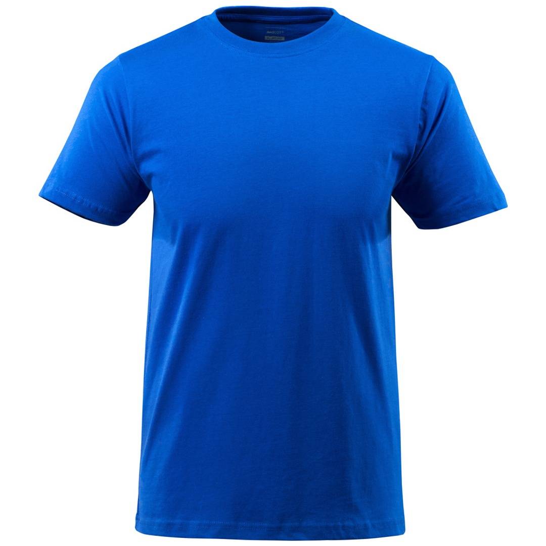Blaues T-Shirt mit Kurzarm und Rundhalsausschnitt auf einfachem weißem Hintergrund.