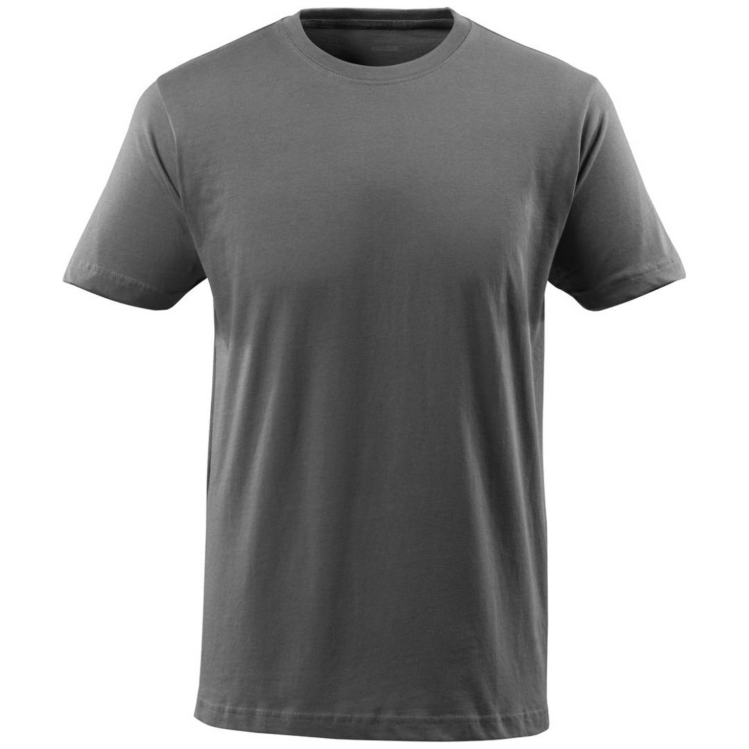 Graues kurzärmeliges Rundhals-T-Shirt, Vorderansicht auf einfachem weißem Hintergrund.
