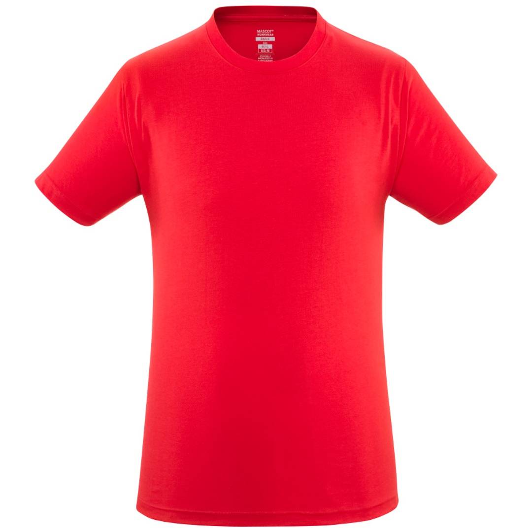 Rotes Rundhals-T-Shirt von vorne gegen einen weißen Hintergrund gezeigt.