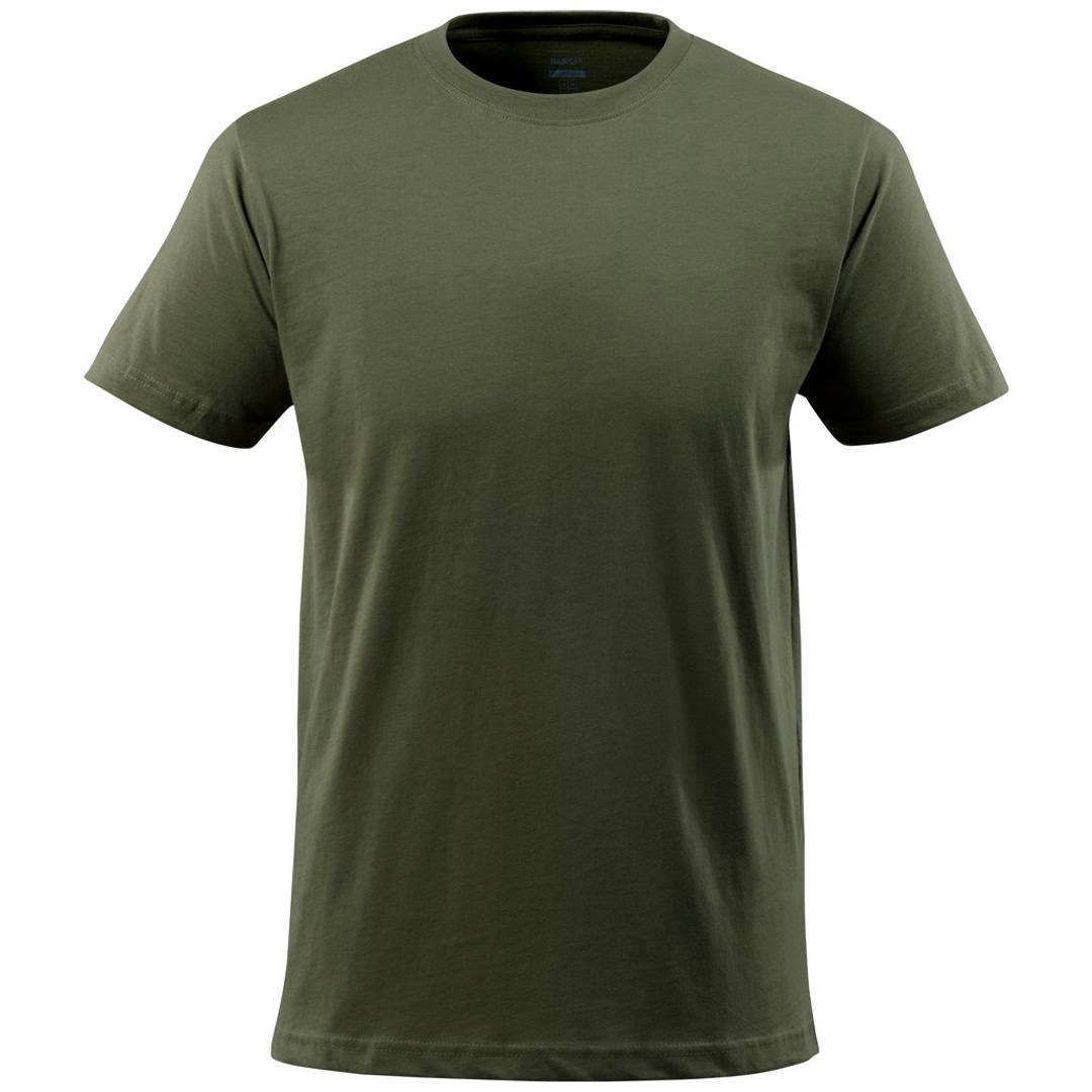 Olivgrünes Kurzarm-Crewneck-T-Shirt auf weißem Hintergrund.
