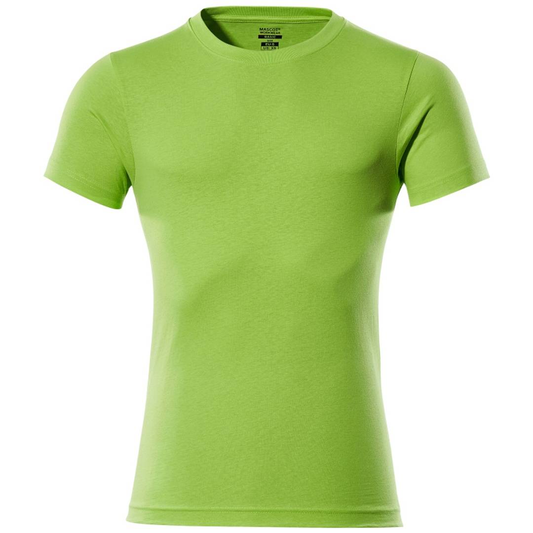 Hellgrünes T-Shirt mit Kurzarm und Rundhalsausschnitt, Vorderansicht auf weißem Hintergrund.