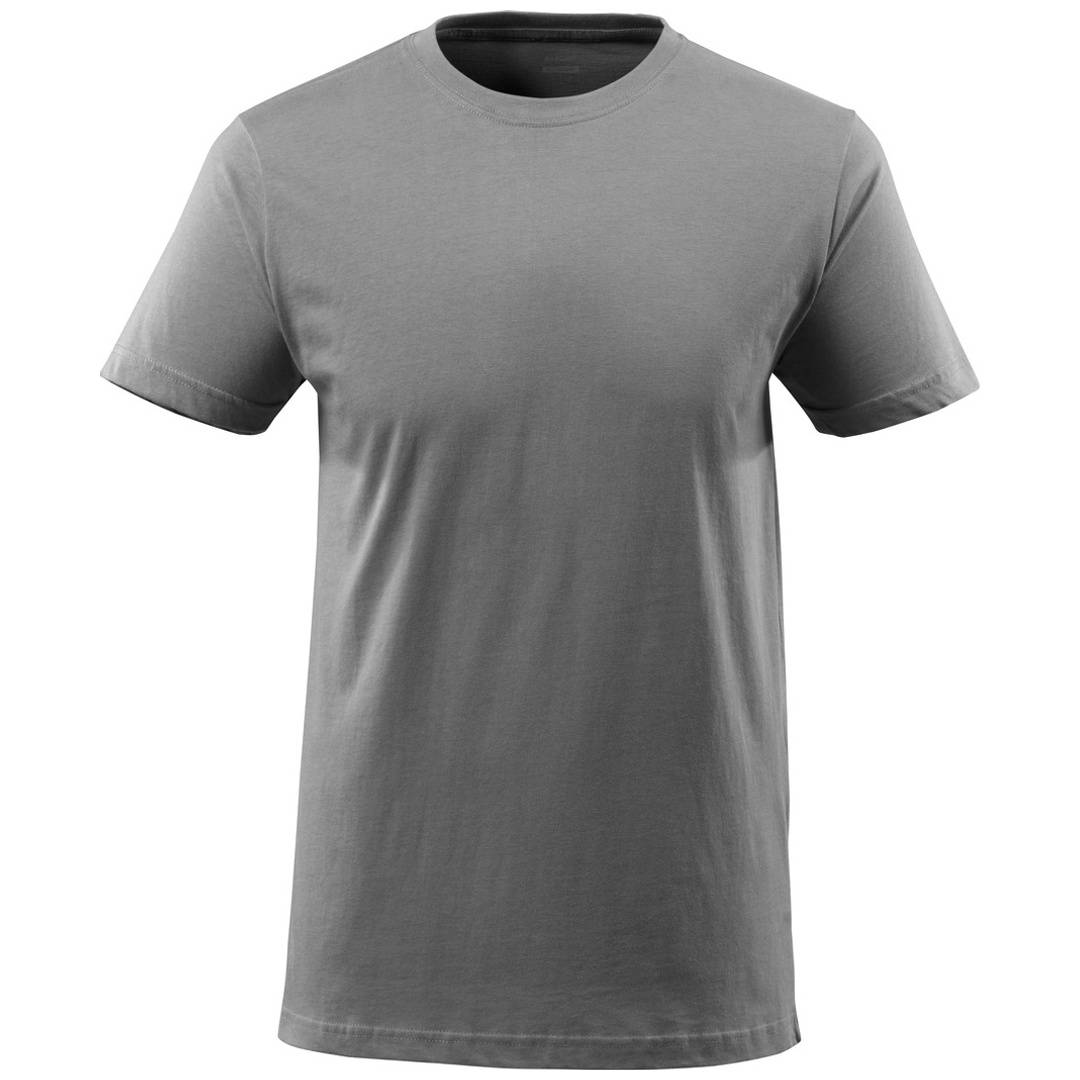 Graues T-Shirt mit Kurzarm und Rundhalsausschnitt, Vorderansicht auf einfachem weißen Hintergrund dargestellt.