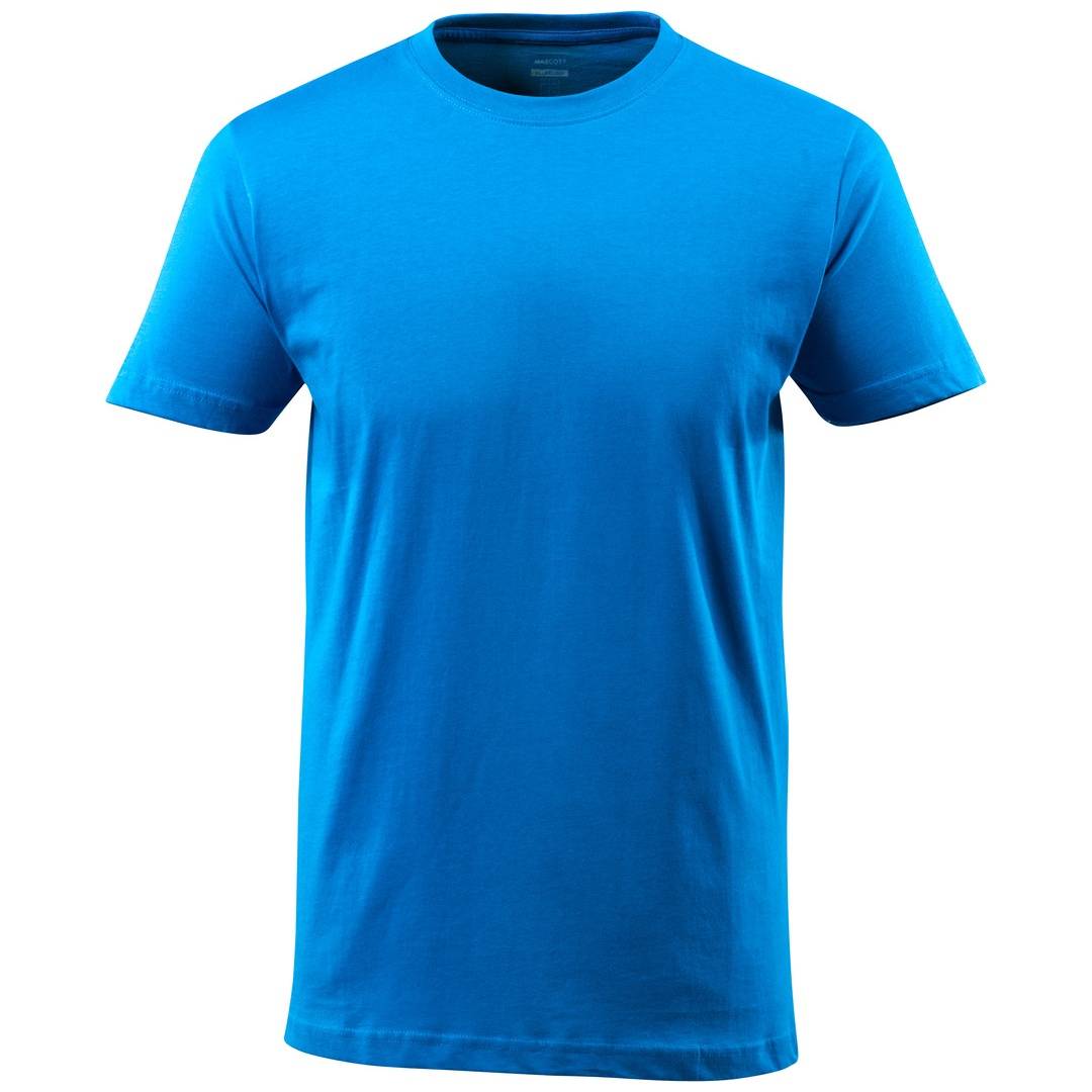 Blaues T-Shirt mit Kurzarm und Rundhalsausschnitt auf einfachem weißem Hintergrund.