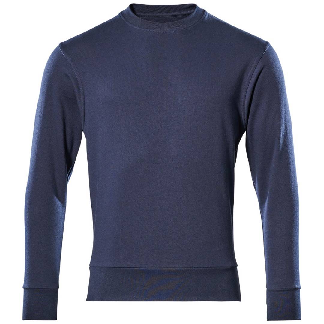 Marineblaues Langarm-Crewneck-Shirt in Vorderansicht auf weißem Hintergrund.