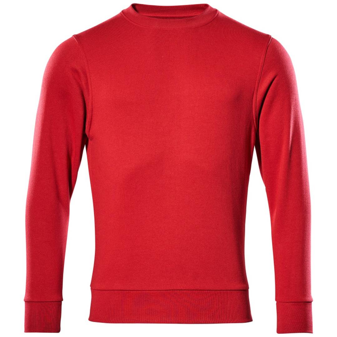 Rotes Langarm-Rundhals-Shirt oder Pullover in Vorderansicht auf weißem Hintergrund.