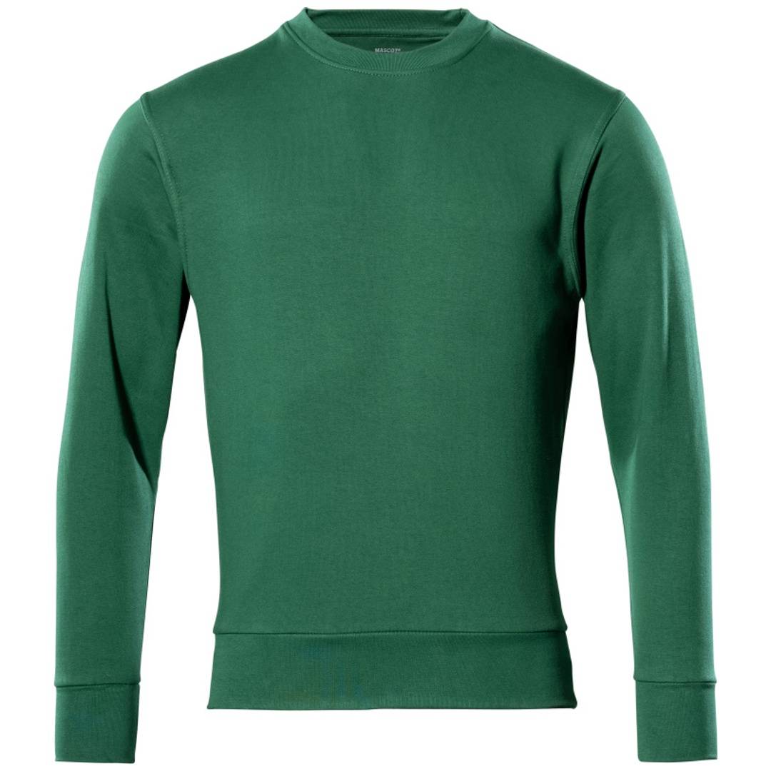 Grünes Langarm-Crewneck-Shirt von vorne auf einfachem weißem Hintergrund dargestellt.