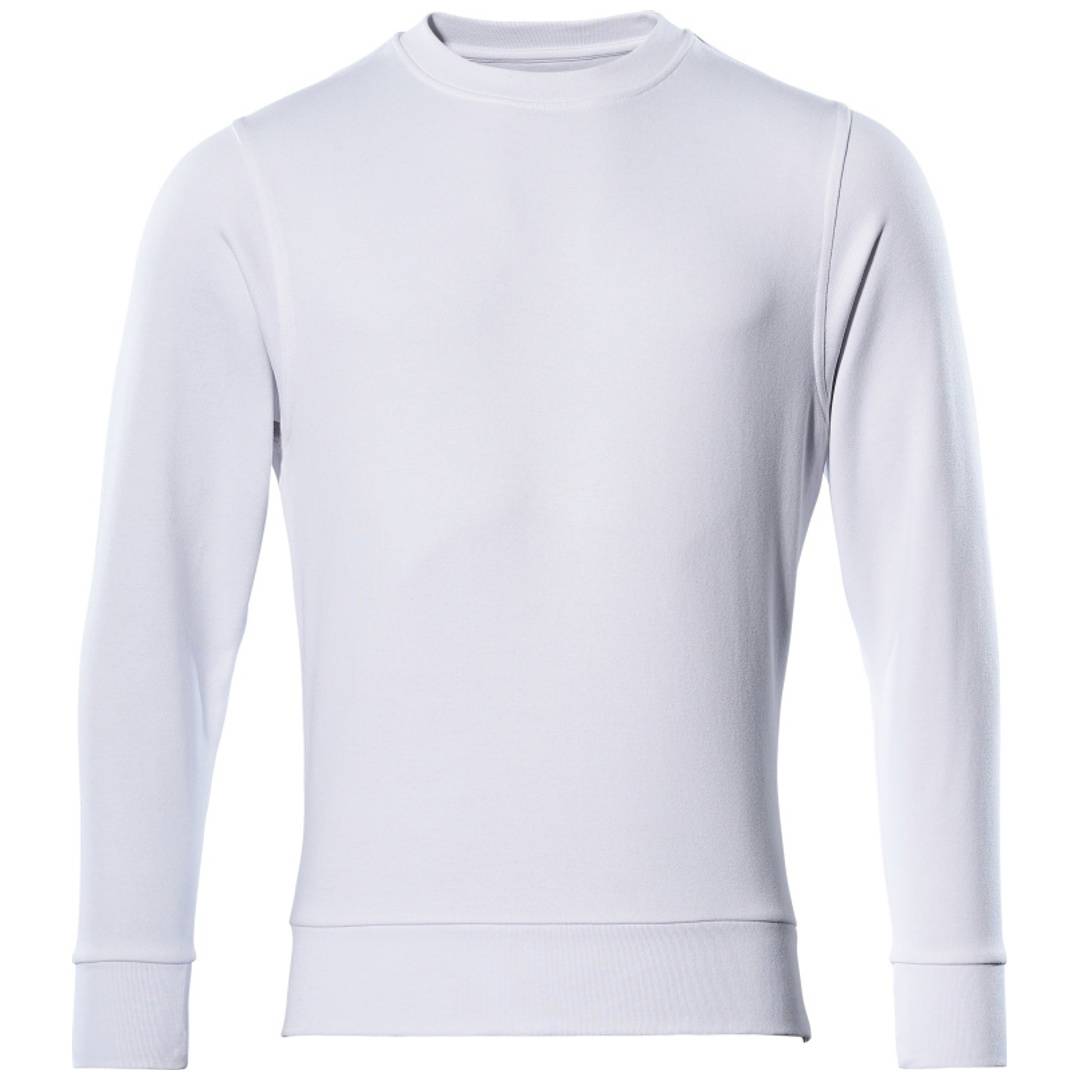 Einfaches weißes Langarm-Crewneck-Shirt in Vorderansicht auf weißem Hintergrund.