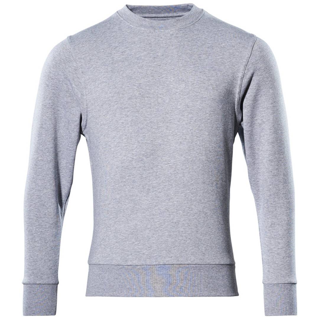 Hellgrauer Sweatshirt mit langen Ärmeln und Rundhalsausschnitt, Vorderansicht auf weißem Hintergrund dargestellt.