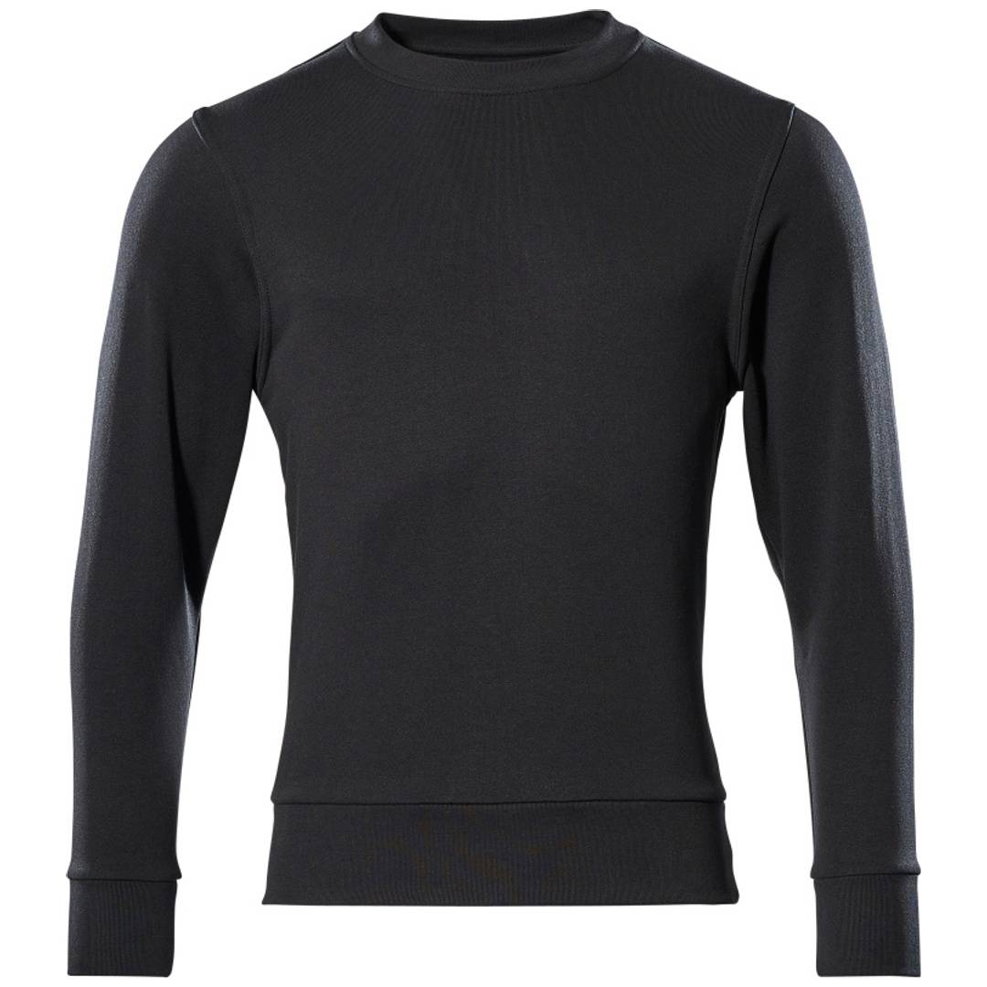 Schwarzes Langarm-Crewneck-Shirt mit tailliertem, geripptem Saum und Bündchen, Vorderansicht auf weißem Hintergrund.