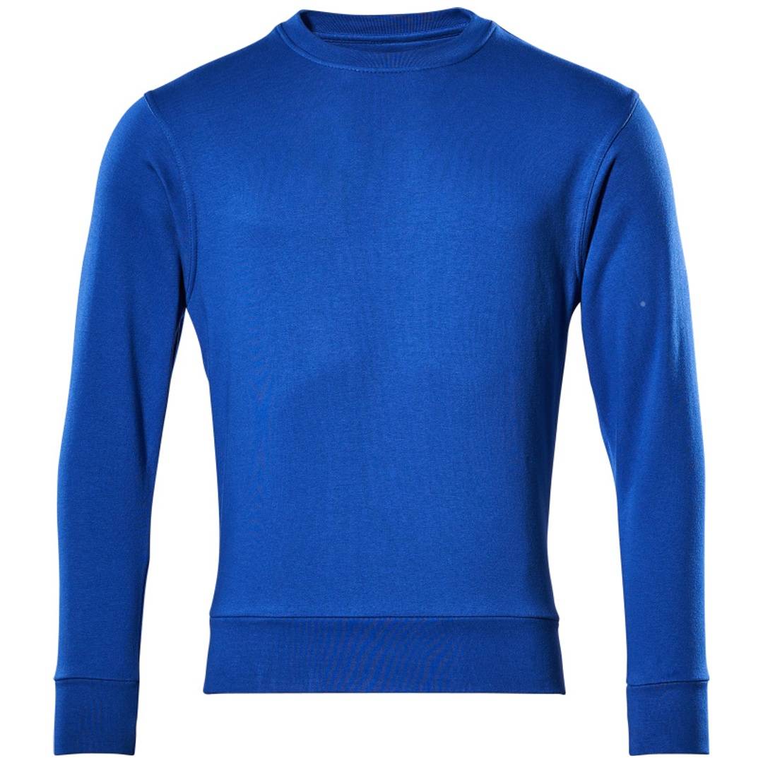 Blaues Langarm-Shirt mit Rundhalsausschnitt, Vorderansicht auf weißem Hintergrund dargestellt.