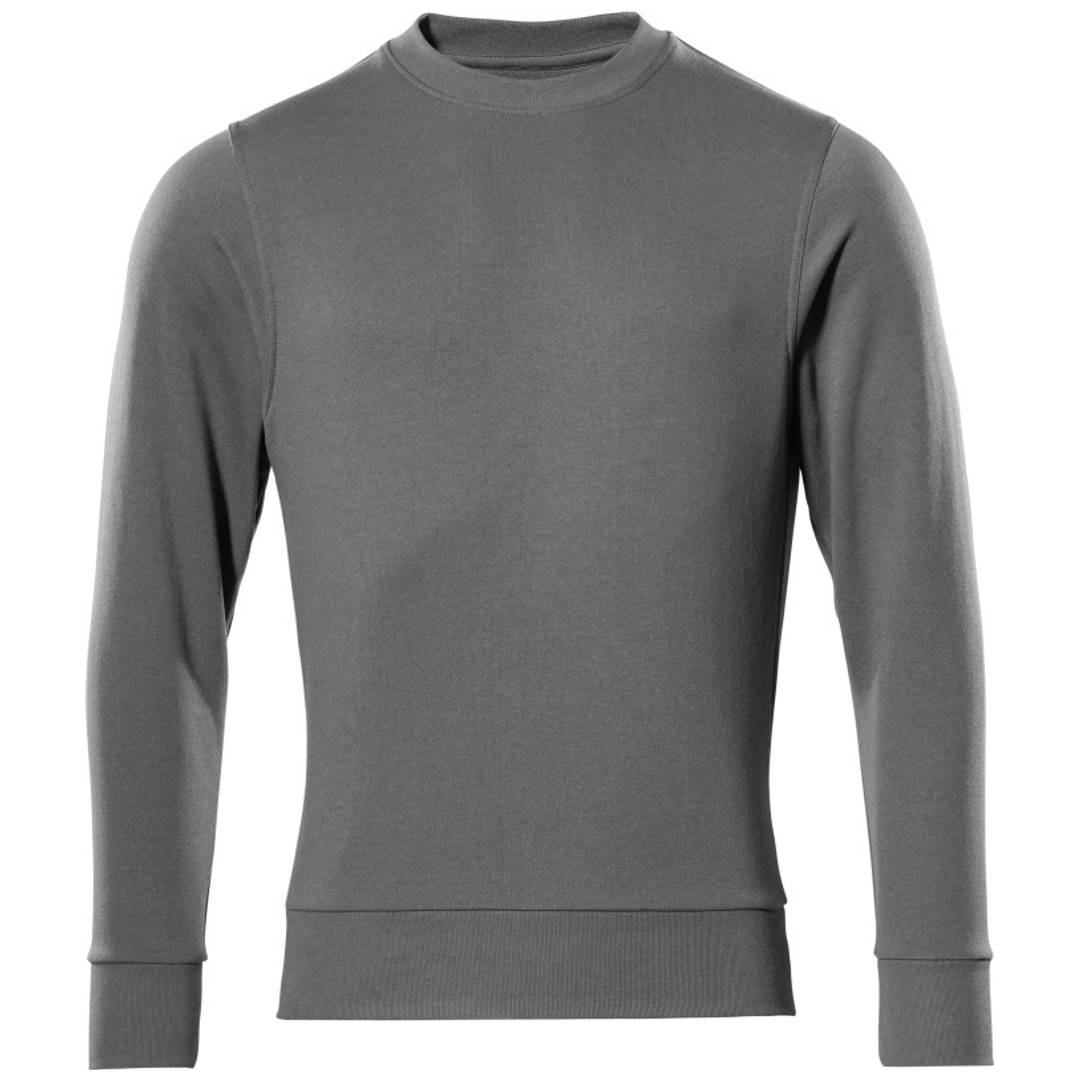 Graues Langarm-Rundhals-T-Shirt mit gerippten Bündchen und Saum, Vorderansicht auf einfachem weißem Hintergrund.