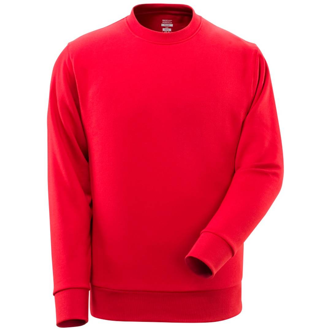 Rotes Langarm-Sweatshirt mit Rundhalsausschnitt, von vorne auf weißem Hintergrund abgebildet.