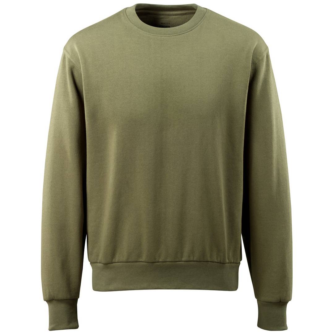 Olivgrünes Sweatshirt mit Rundhalsausschnitt, langen Ärmeln und gerippten Bündchen und Saum auf einfachem weißem Hintergrund.