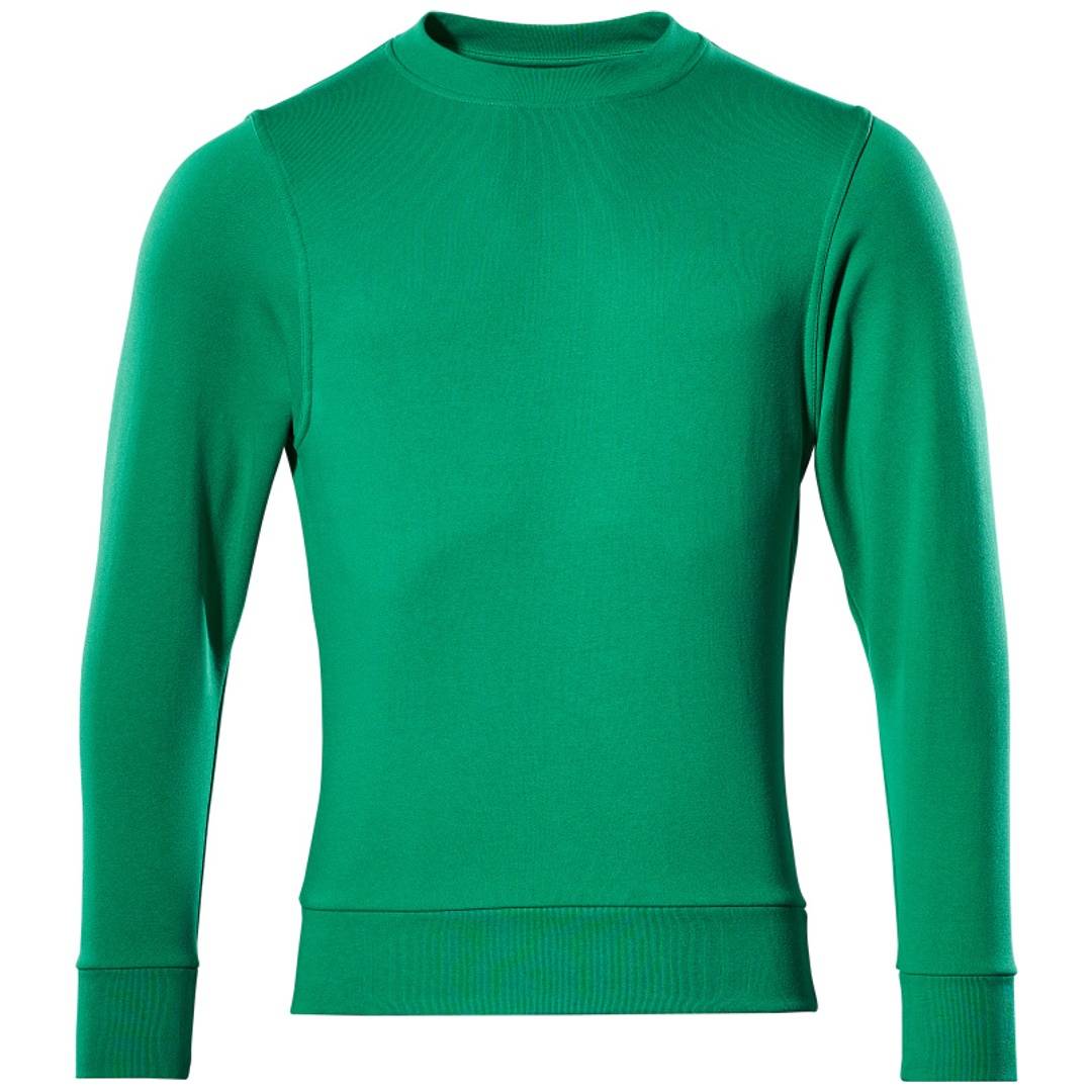 Grüner Pullover mit langen Ärmeln, hohem Rundhalsausschnitt und gerippten Bündchen und Saum, Vorderansicht auf weißem Hintergrund.