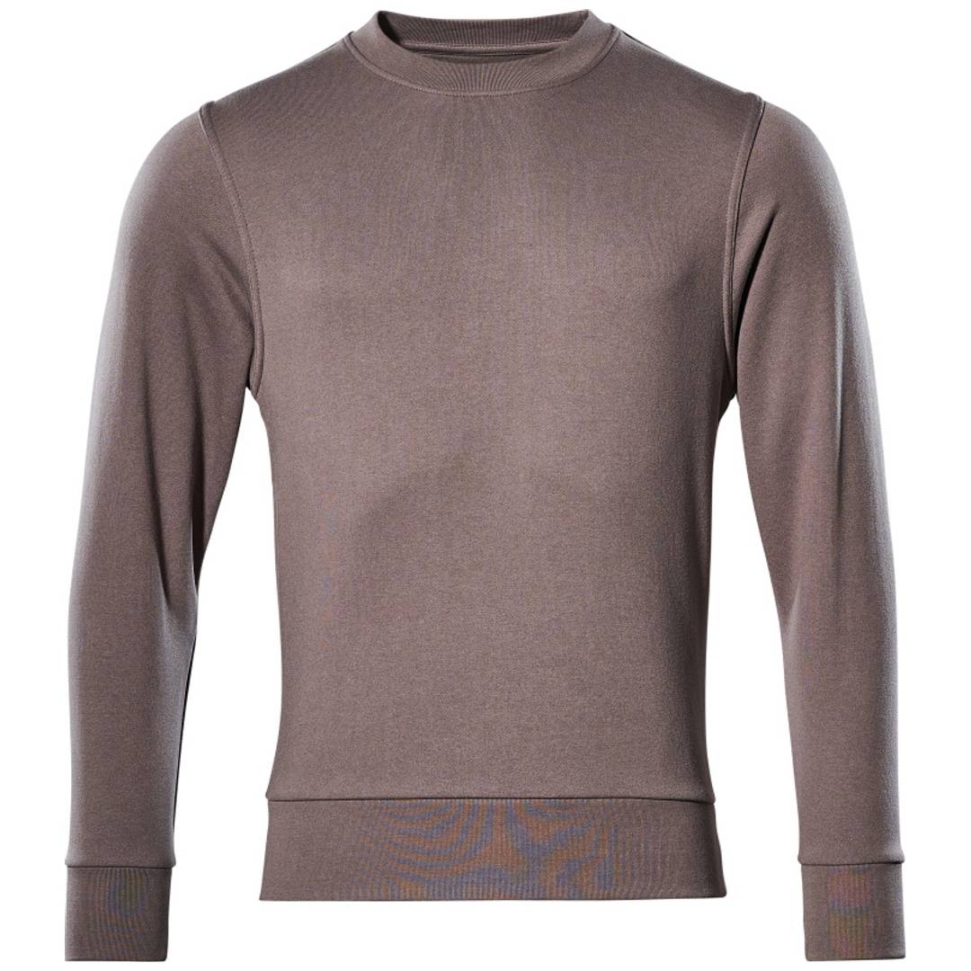 Taupe Langarm-Rundhals-Shirt mit gerippten Bündchen und Saum, Vorderansicht auf weißem Hintergrund.