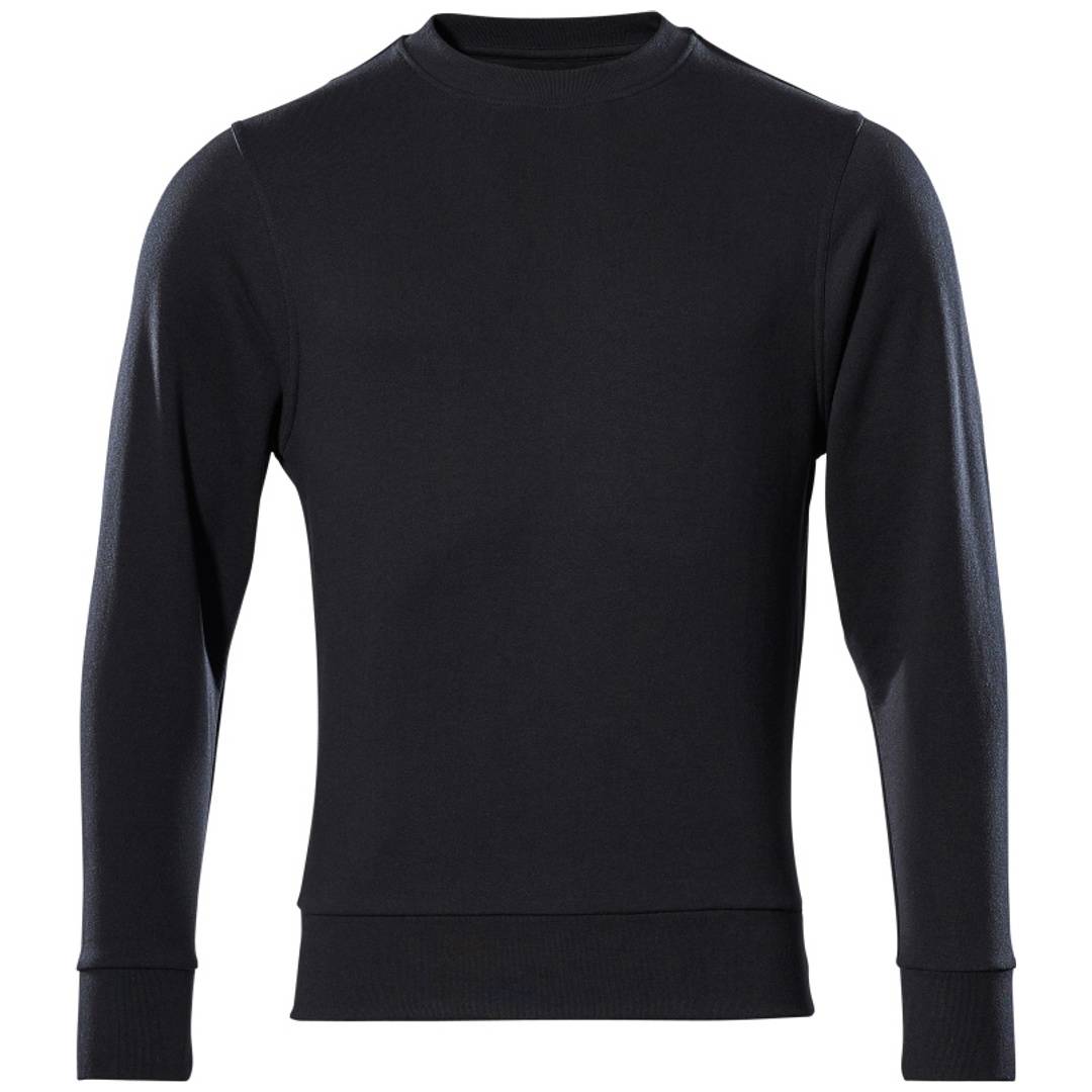 Schwarzer Pullover mit langen Ärmeln und Rundhalsausschnitt, Vorderansicht auf einfachem Hintergrund.