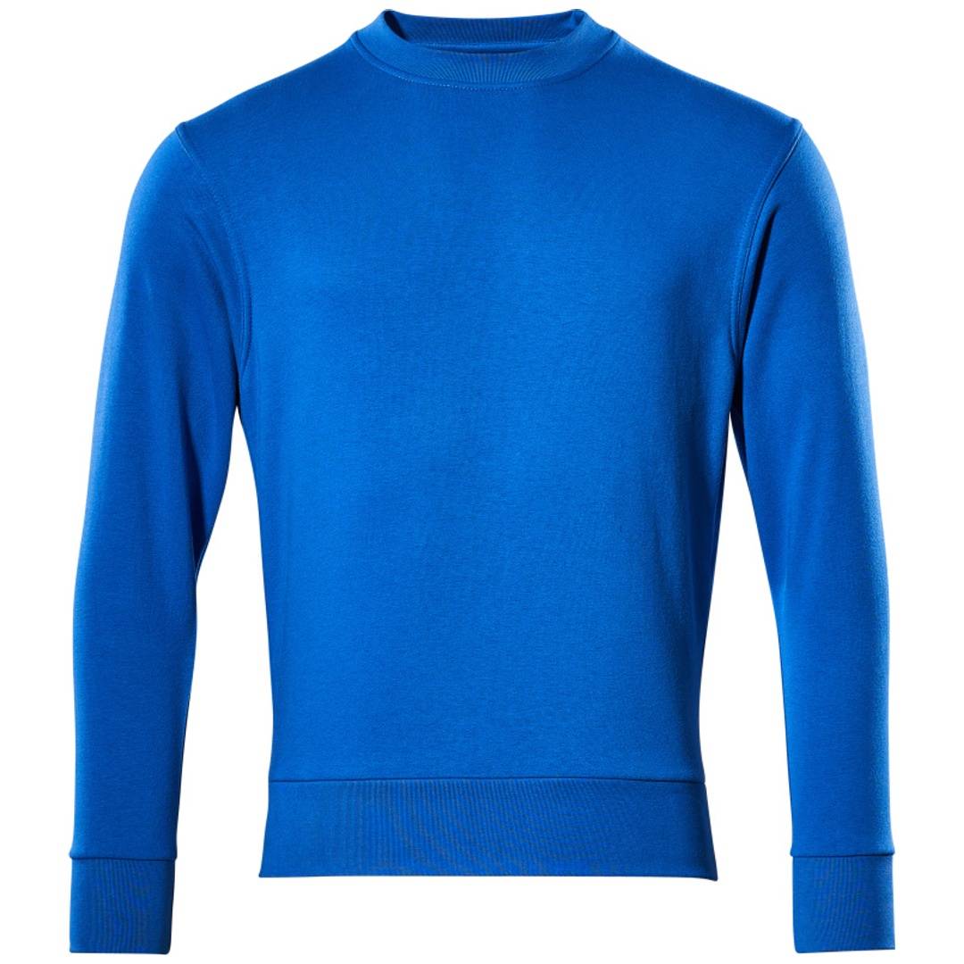 Blauer Pullover mit langen Ärmeln und Rundhalsausschnitt oder Sweatshirt, von vorne auf weißem Hintergrund dargestellt.