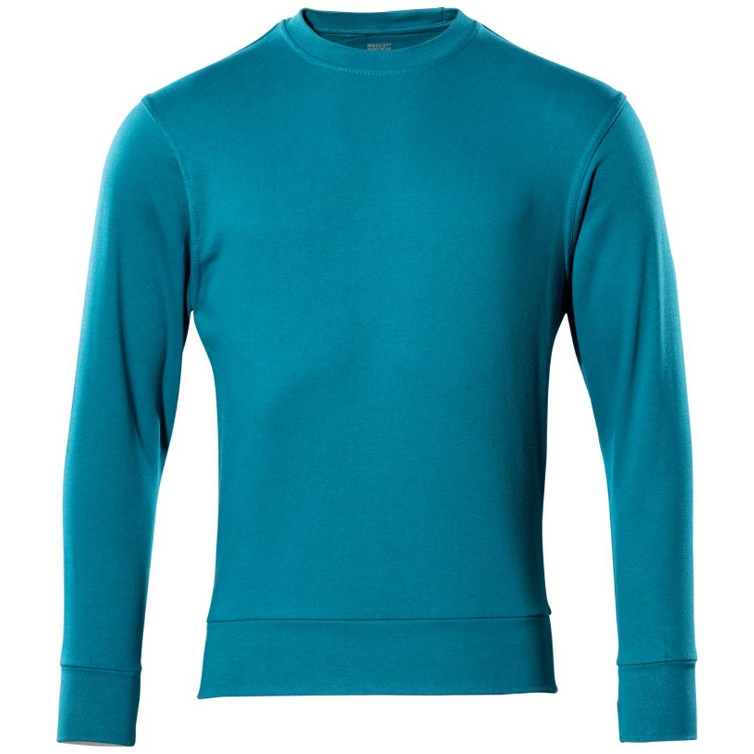 Blaugrünes Langarm-Crewneck-Shirt in Vorderansicht auf weißem Hintergrund.