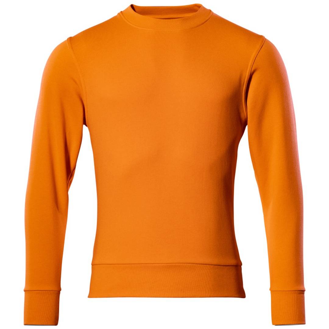 Oranges Langarm-Crewneck-Shirt auf weißem Hintergrund.