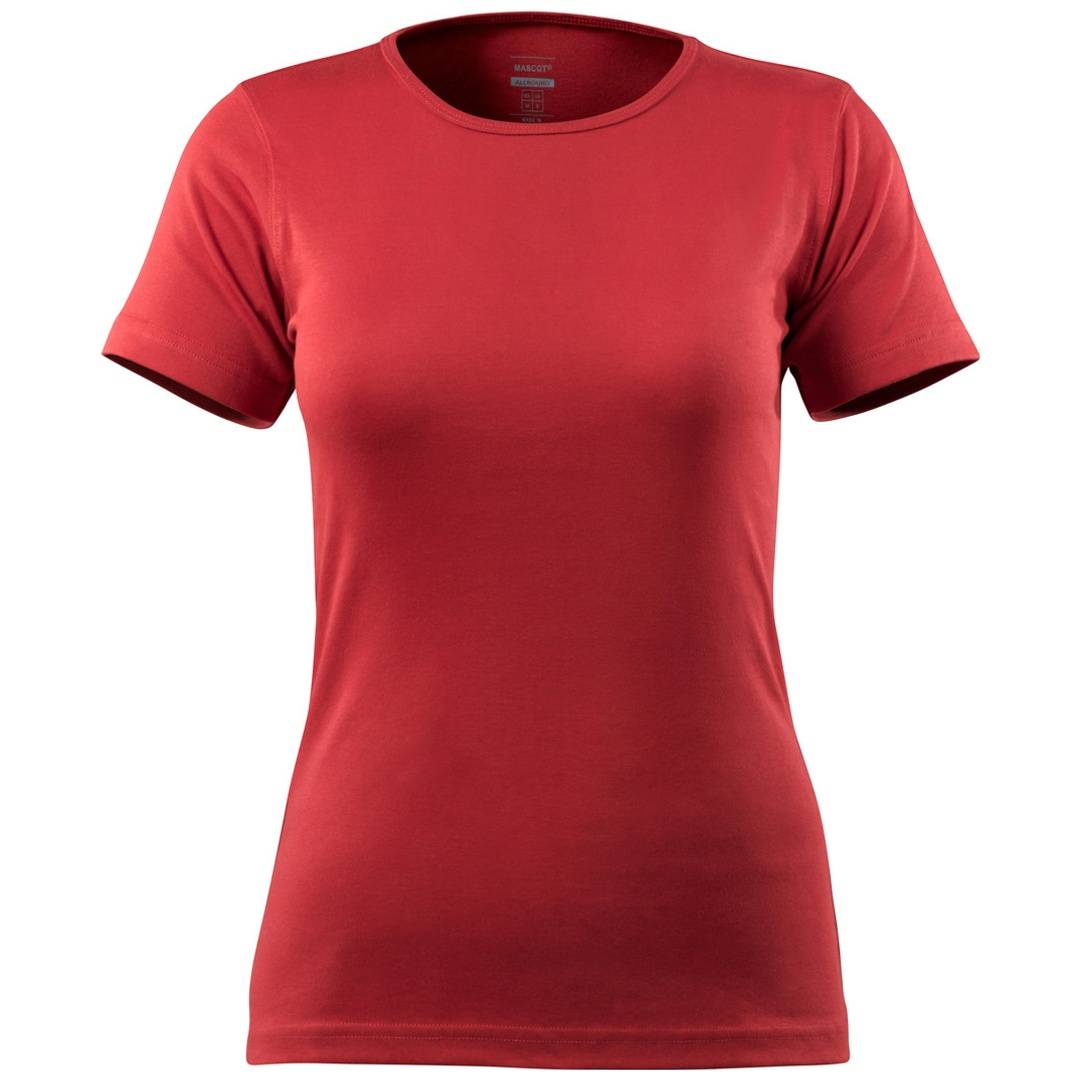 Rotes kurzärmeliges T-Shirt mit Rundhalsausschnitt, von vorne gegen weißen Hintergrund gezeigt.