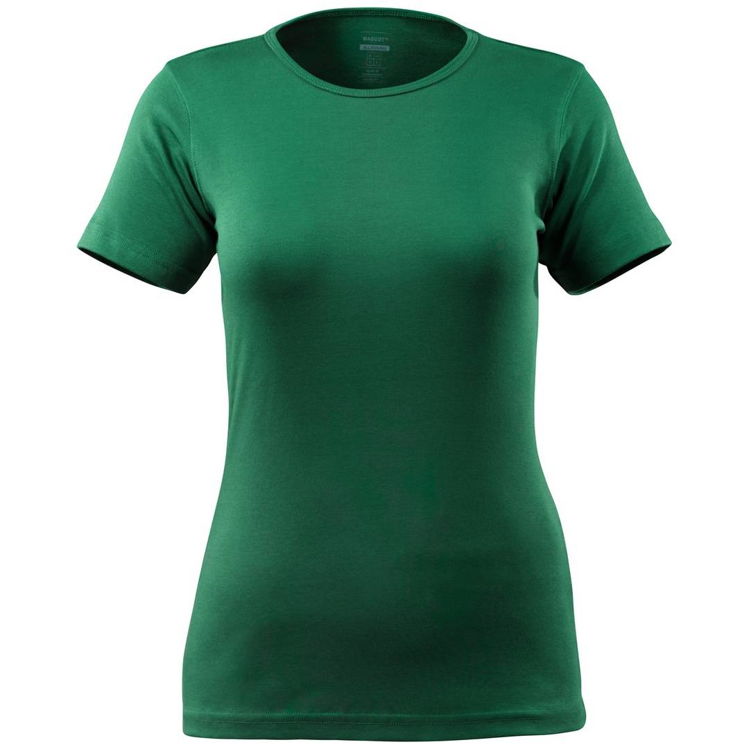 Grünes kurzarm-T-Shirt in Vorderansicht auf weißem Hintergrund.