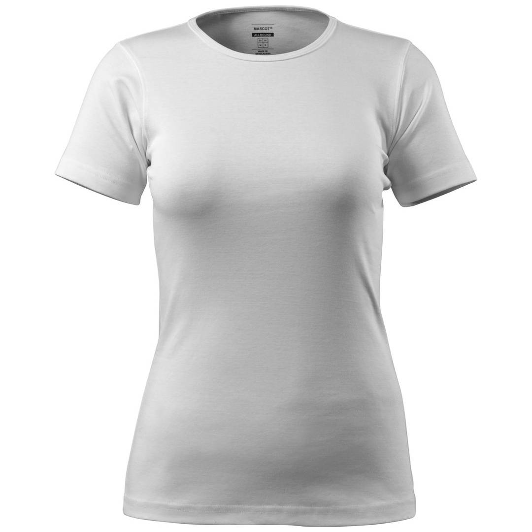 Weißes kurzärmliges T-Shirt mit Rundhalsausschnitt, Vorderansicht auf einfachem Hintergrund.