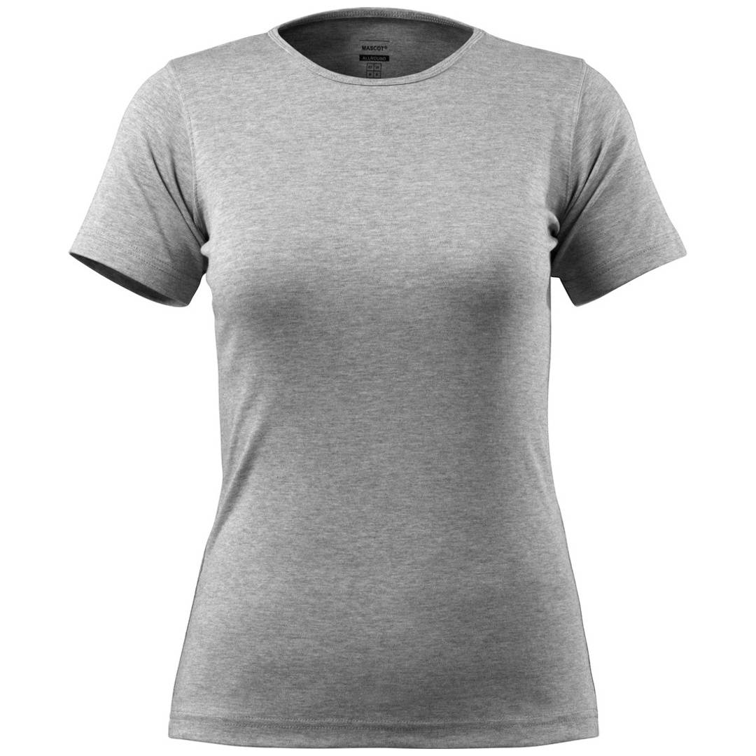 Graues T-Shirt mit Rundhalsausschnitt und Kurzarm, gezeigt auf einem einfachen weißen Hintergrund.
