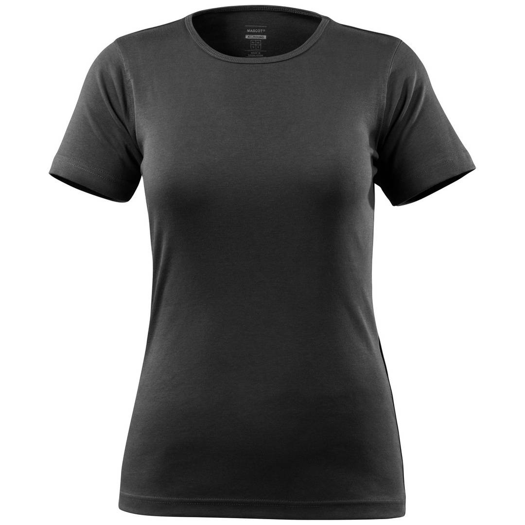 Schwarzes T-Shirt mit kurzen Ärmeln und Rundhalsausschnitt, präsentiert auf einem einfachen weißen Hintergrund.
