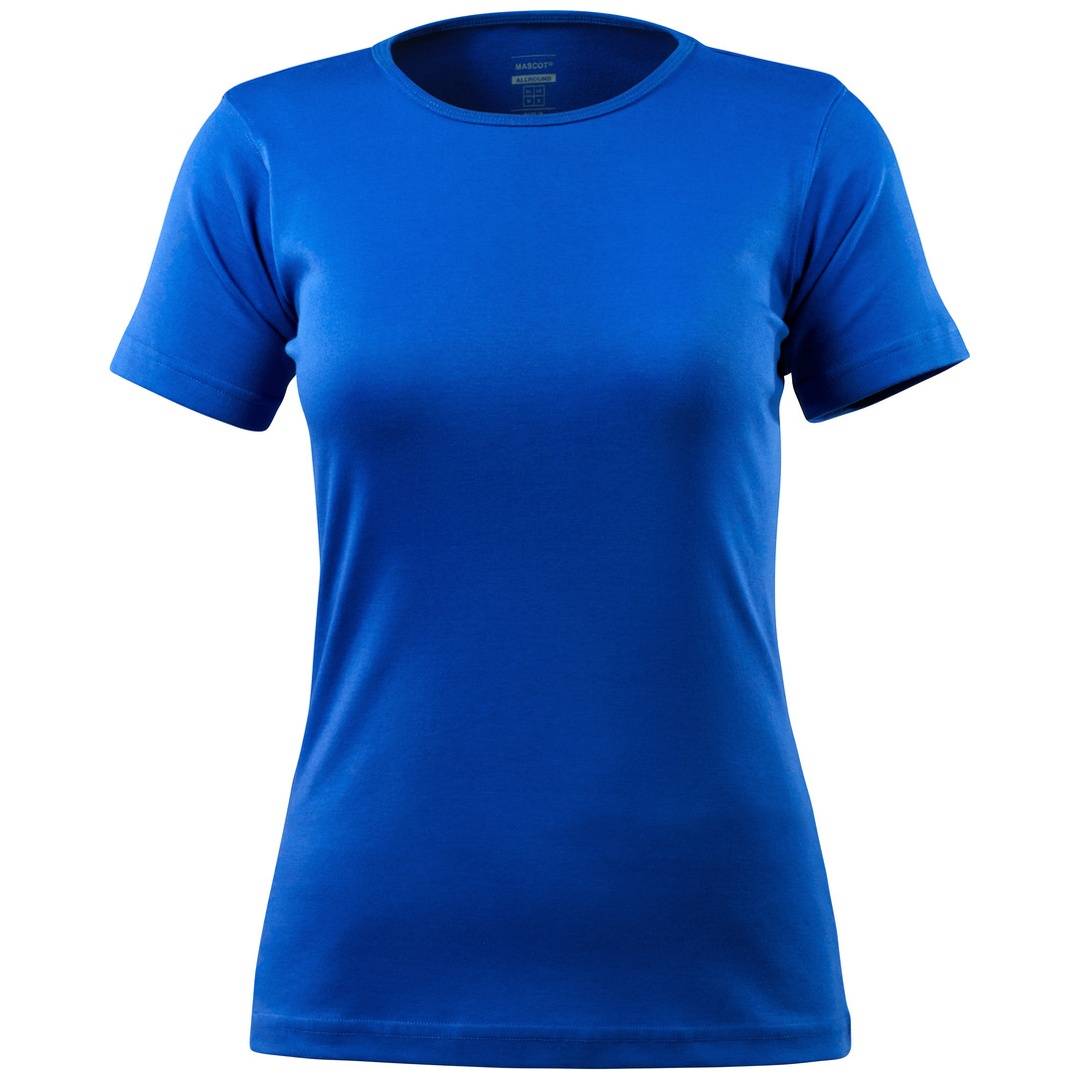 Blaues kurzärmeliges T-Shirt mit Rundhalsausschnitt auf einfachem weißem Hintergrund.