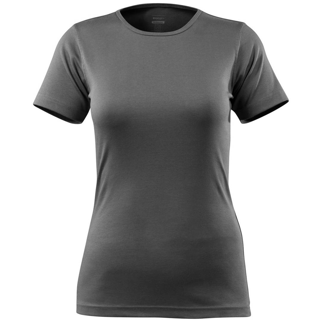 Graues Kurzarm-Rundhals-T-Shirt in Vorderansicht auf weißem Hintergrund gezeigt.
