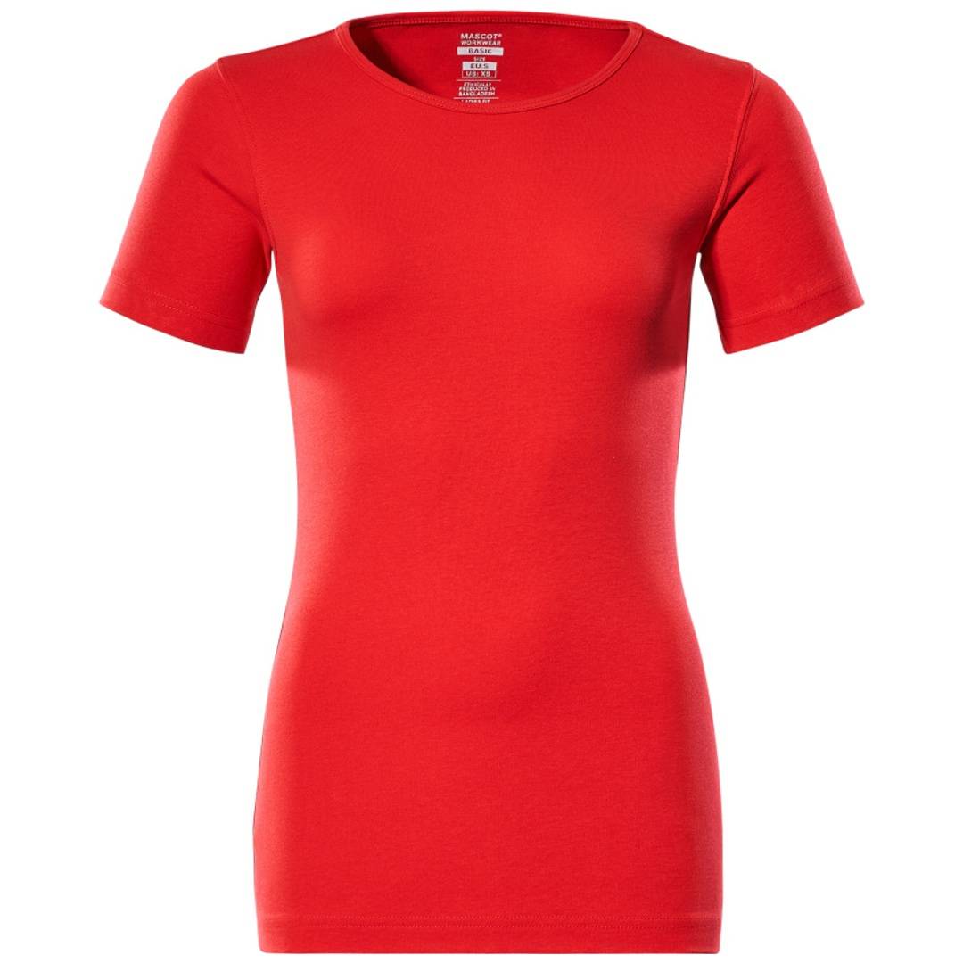 Rotes kurzarm T-Shirt mit Rundhalsausschnitt, Vorderansicht auf einfachem Hintergrund gezeigt.