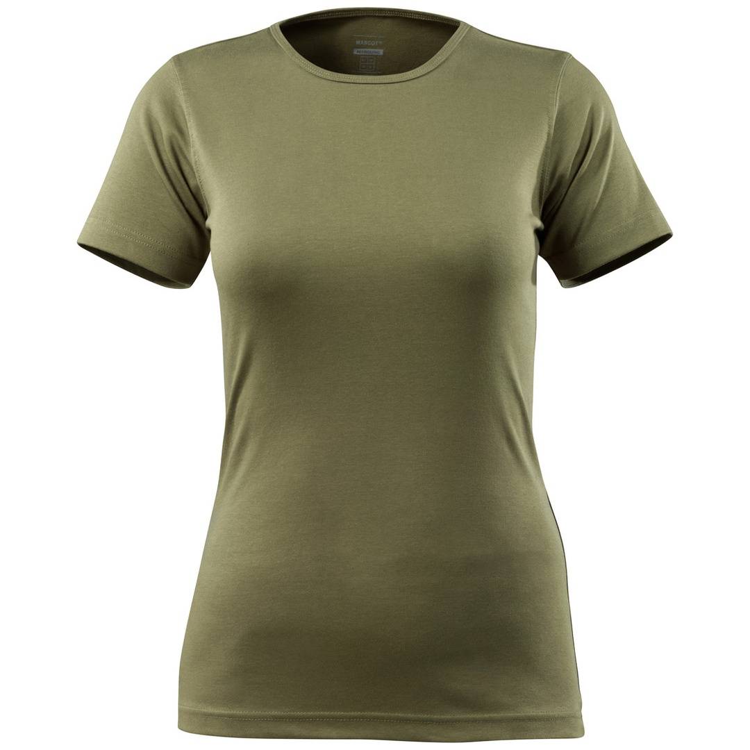 Olivgrünes Kurzarm-T-Shirt mit Rundhalsausschnitt, Vorderansicht auf einfachem Hintergrund.