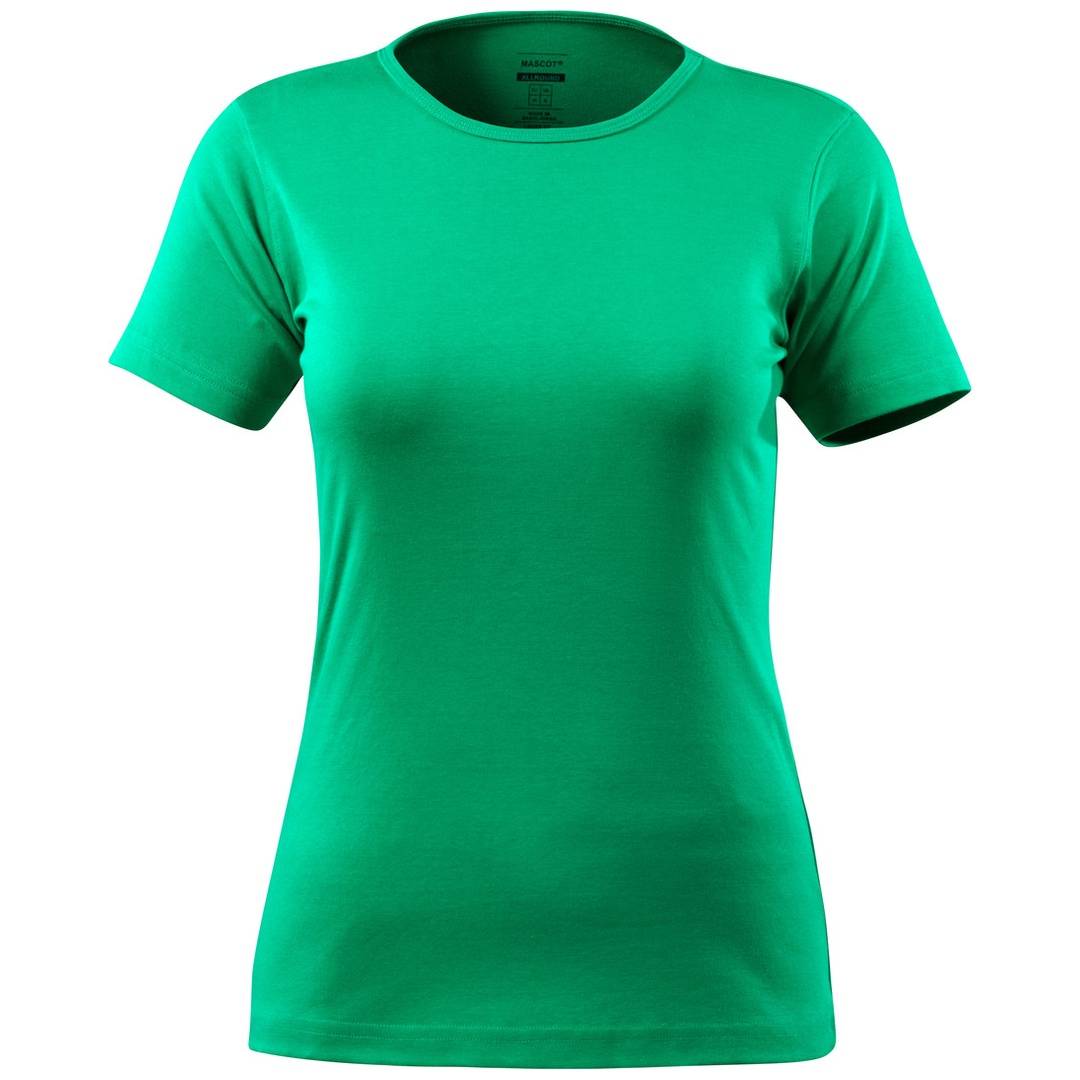 Grünes T-Shirt mit kurzen Ärmeln, frontal auf weißem Hintergrund gezeigt.