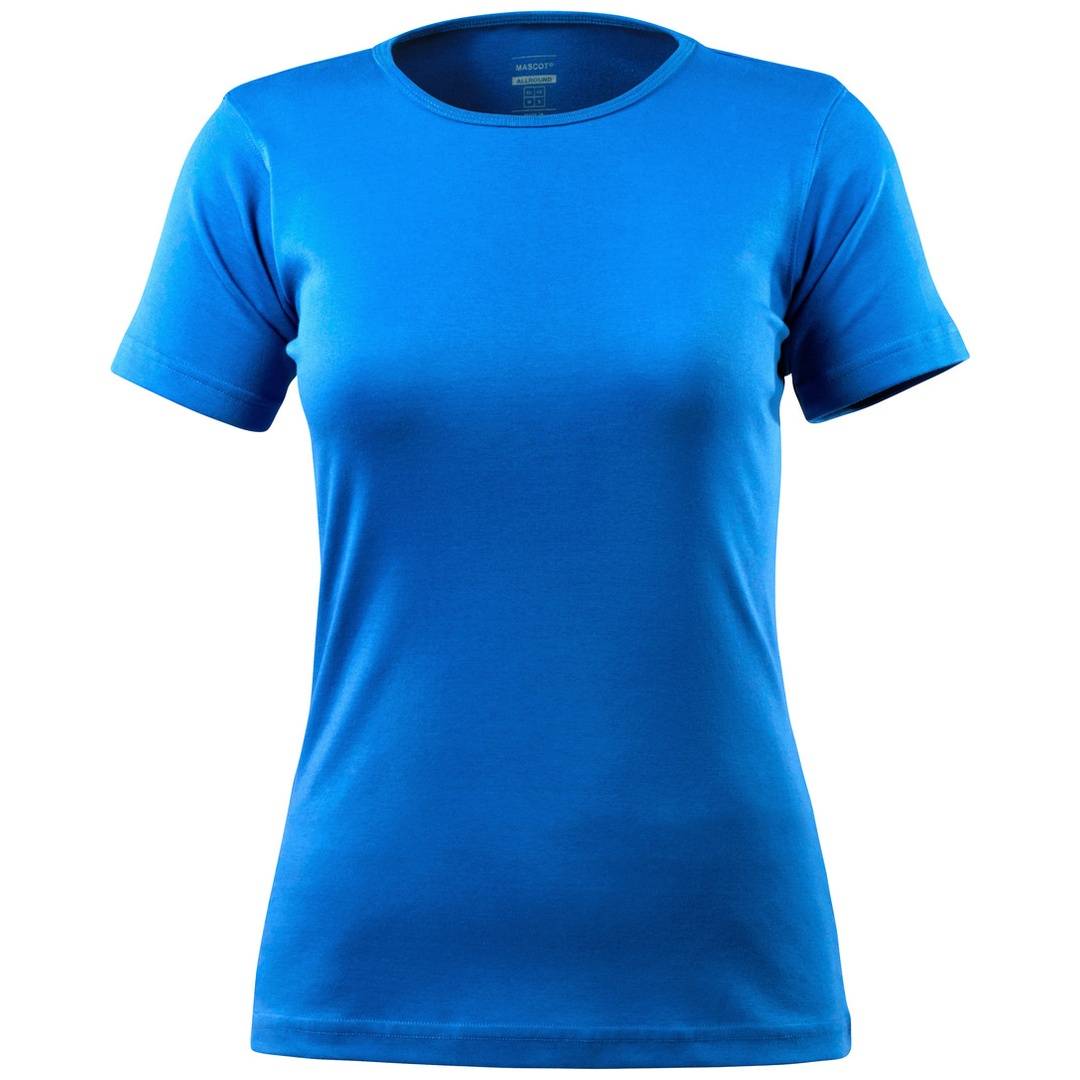 Blaues T-Shirt mit kurzen Ärmeln und Rundhalsausschnitt, Vorderansicht auf weißem Hintergrund dargestellt.