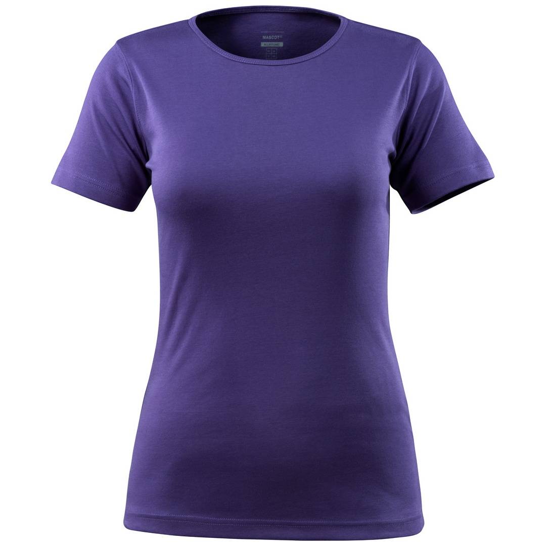 Violettes kurzärmeliges Rundhals-T-Shirt, frontal auf weißem Hintergrund dargestellt.