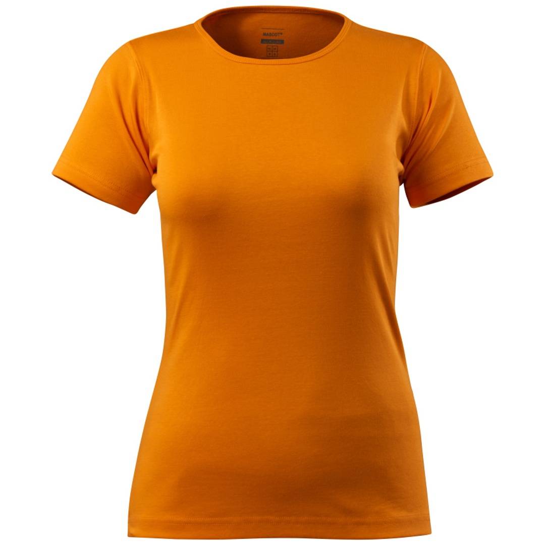 Oranges Kurzarm-T-Shirt, von vorne gezeigt, vor einem einfachen weißen Hintergrund.