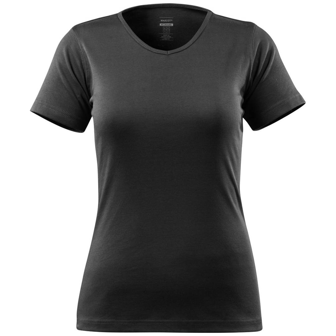 Schwarzes T-Shirt mit Kurzarm und V-Ausschnitt, Vorderansicht auf weißem Hintergrund.